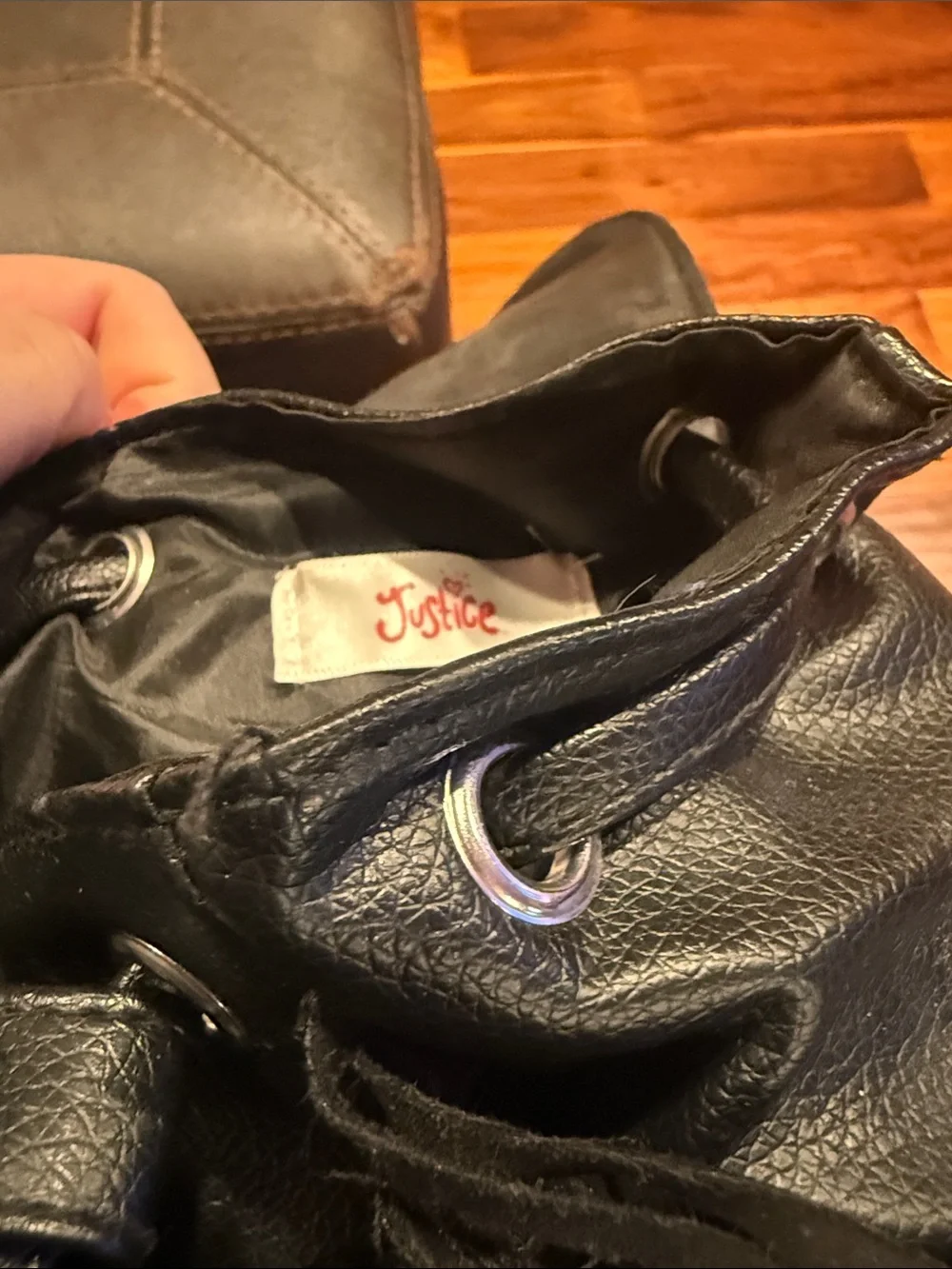 Black Fringe Faux Leather Mini Backpack with letter A from Justice